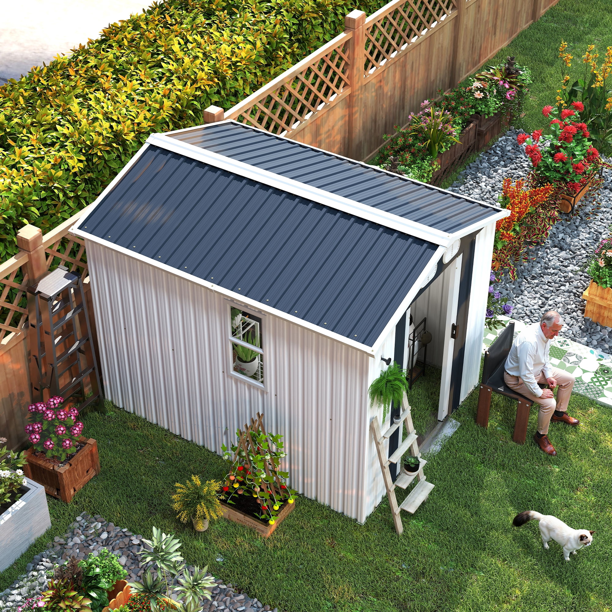 8x6FT Outdoor Storage Shed, All-Weather Metal Garden Tool Shed with Lockable Doors, Air Vents, Clear Window for Backyard Garden Patio