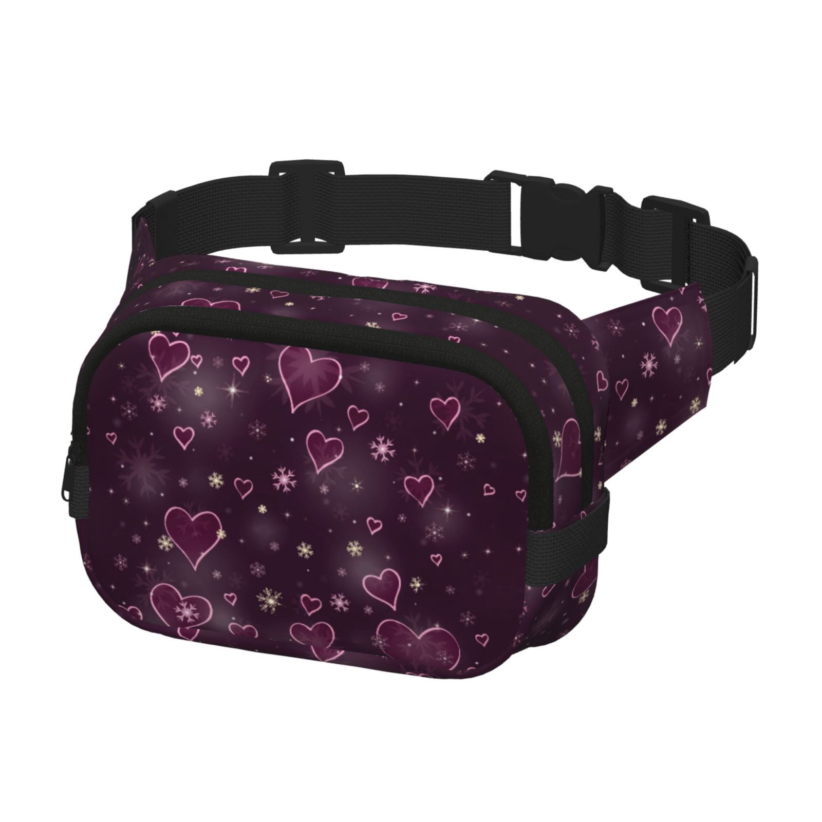 Picia Snowflakes and Hearts Print Square Double-Layer Waist Bag Mini Adjustable Waist Belt Bag Exercise Running Travel Hiking