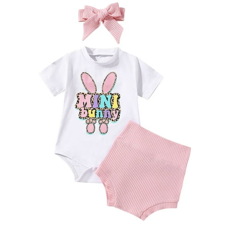 

Clothes for Girls 2t Easter Baby Girls Short Sleeve Cartoon Bunny Print Romper Tops Shorts Solid Pants With Headbands 3PCS Outfits Set