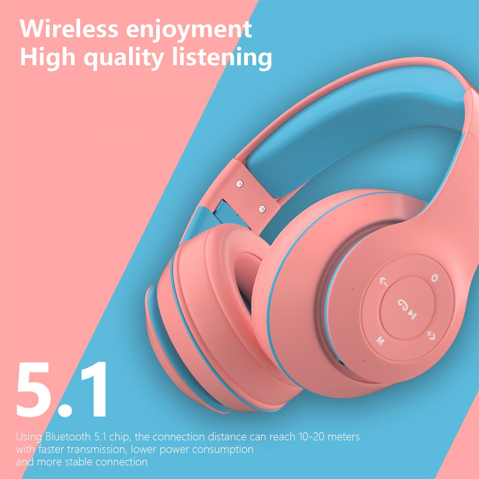 LACKUST Bluetooth 5.1 Subwoofer Headphones,Clearance Noise Cancelling Bluetooth Headphones for Kids,Enhanced Wireless Audio for Mobile,Computer,and Sports,Pink