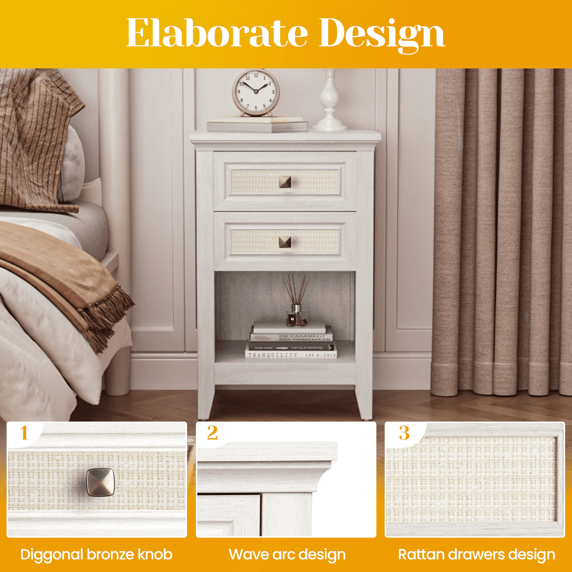 Mintazer Farmhouse Rattan Nightstand Set of 2, Bedside Table with 2 Drawer & Open Storage Compartment, Accent End Table for Bedroom & Living Room, White