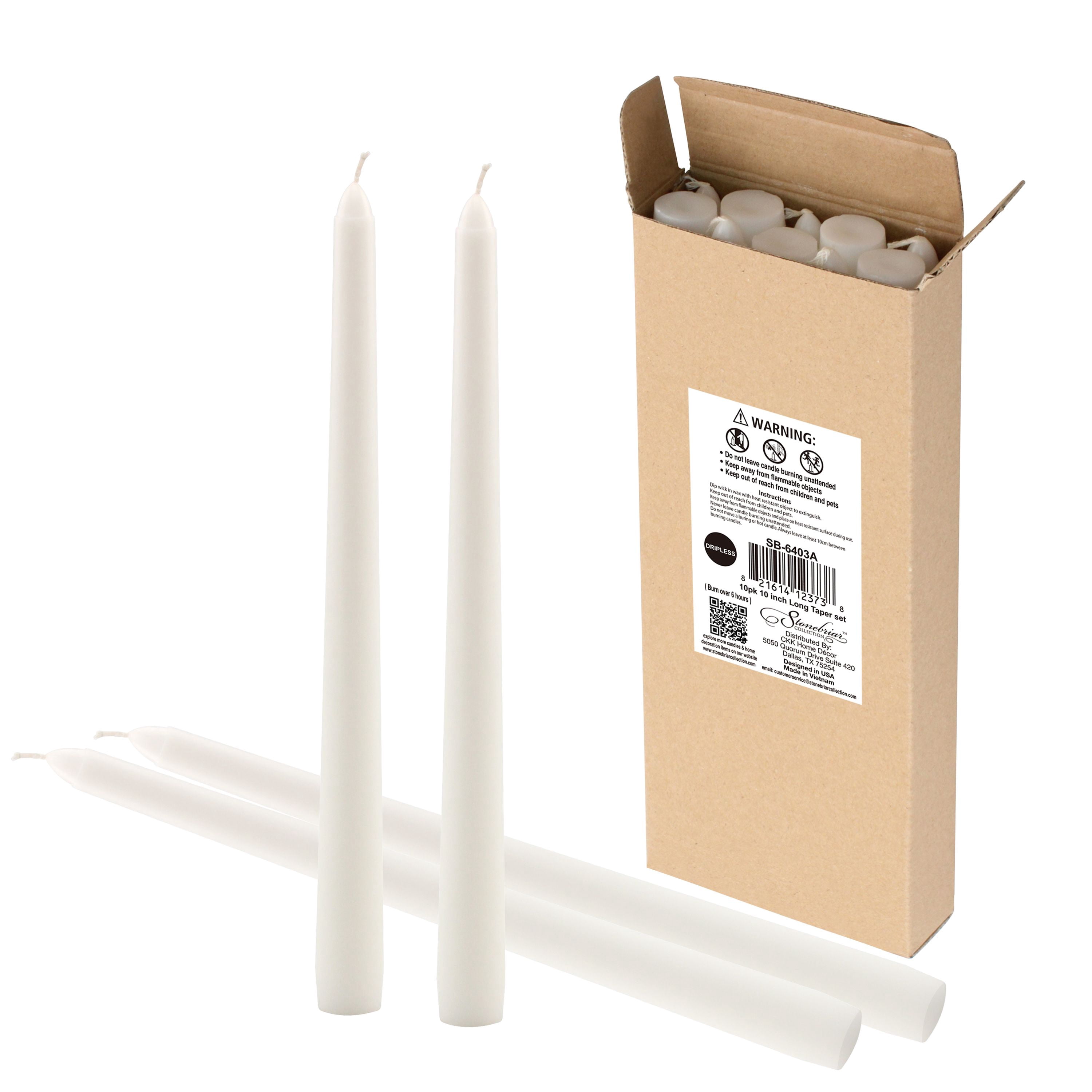 Stonebriar Unscented 10" Dripless Taper Candles with 7 Hour Burn, 10 Pack, White