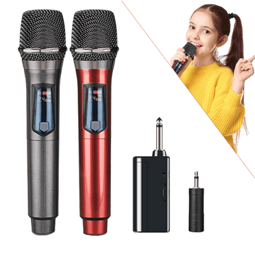 2.4G rechargeable handheld wireless dual microphone, dynamic wireless microphone, suitable for karaoke singing, weddings DJ、 Party, speech, church, classroom use, PA system, 200 feet, gray and red
