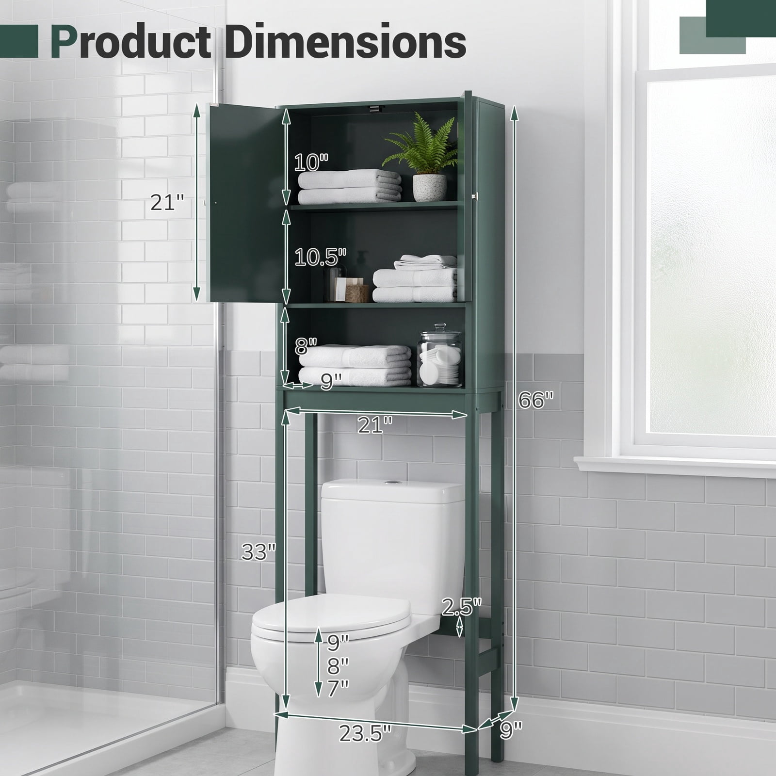 Vebreda Over-the-Toilet Storage Cabinet with Fluted Doors and 3-Position Adjustable Shelf, Freestanding Bathroom Space Saver, 66 in, Green