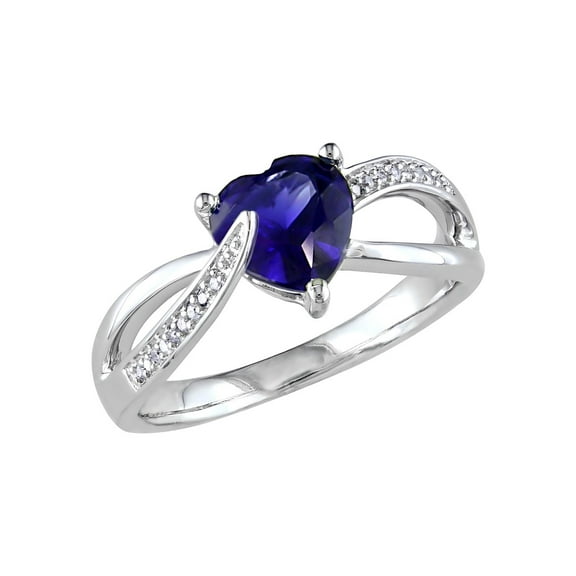 Created Blue Sapphire and Diamond Heart Ring 1.90 Carat (Ctw) in Sterling Silver for Women