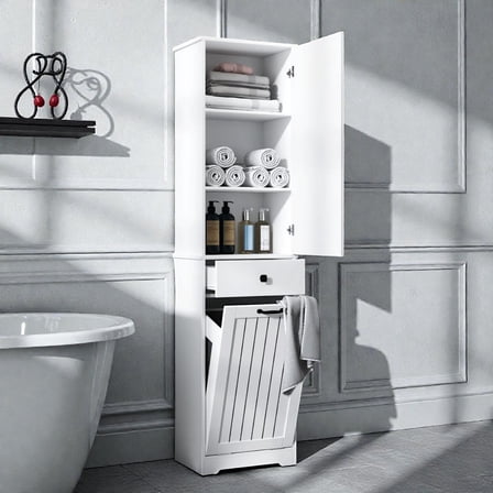 Tcbosik 70.89" Tall Laundry Cabinet with Tilt-Out Hamper & Adjustable Shelves - Slim Storage Organizer for Bathroom or Laundry Room, White