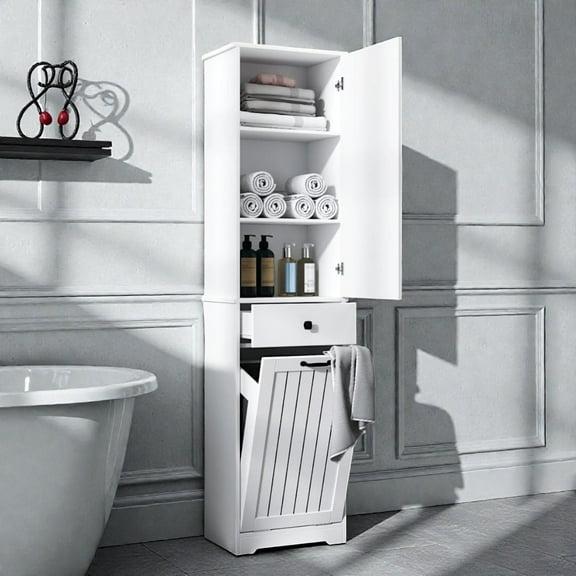 Tcbosik 70.89" Tall Laundry Cabinet with Tilt-Out Hamper & Adjustable Shelves - Slim Storage Organizer for Bathroom or Laundry Room, White