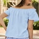 thumbnail image 4 of Top de verano para mujer, Top informal holgado con hombros descubiertos, manga corta, Top con ribete de volantes para mujer, azul claro XXL, 4 of 6