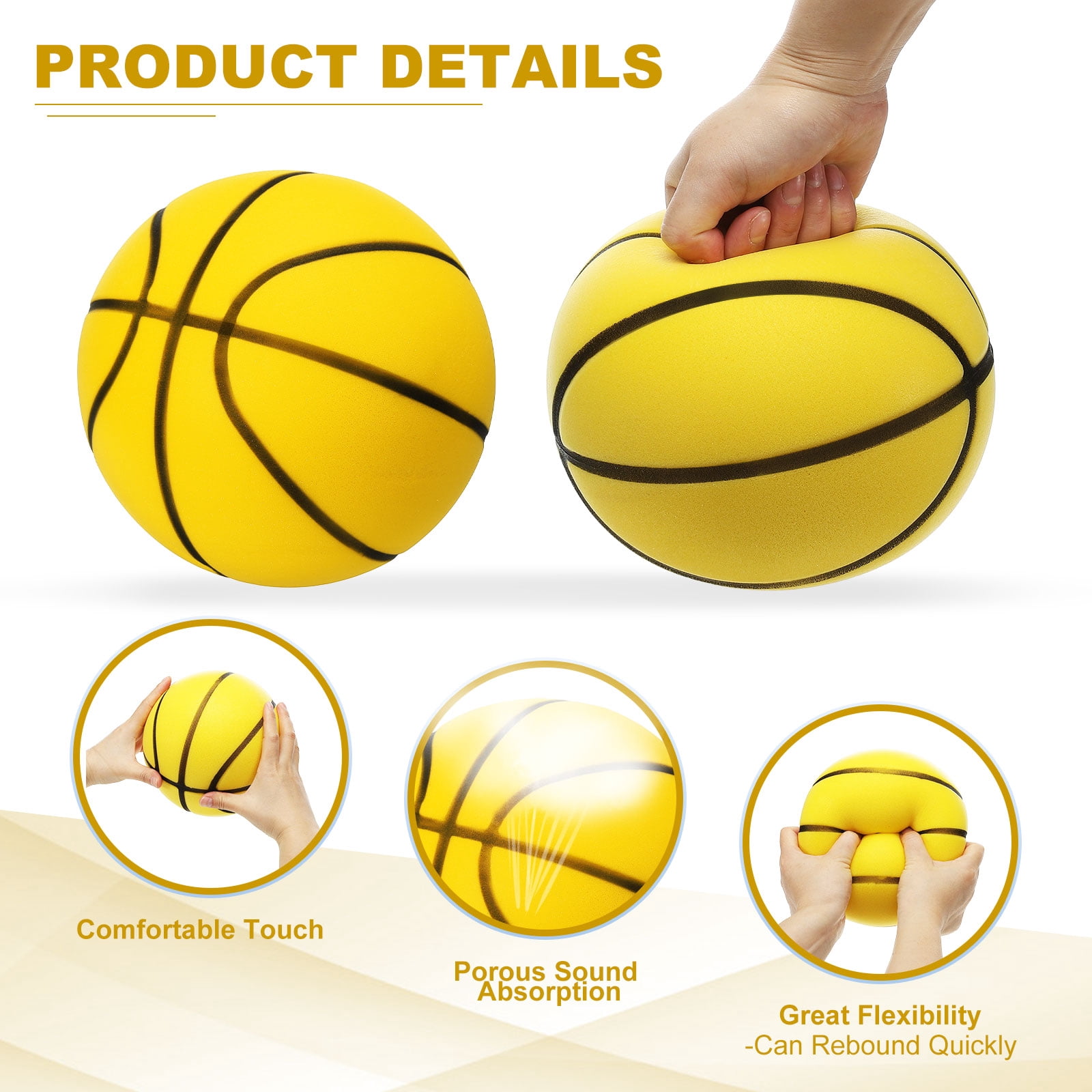 Uxcell Silent Basketball 9.5" No Noise High-Density Foam Dribbling Indoor Basketball with Net Bag forIndoor Sport Yellow