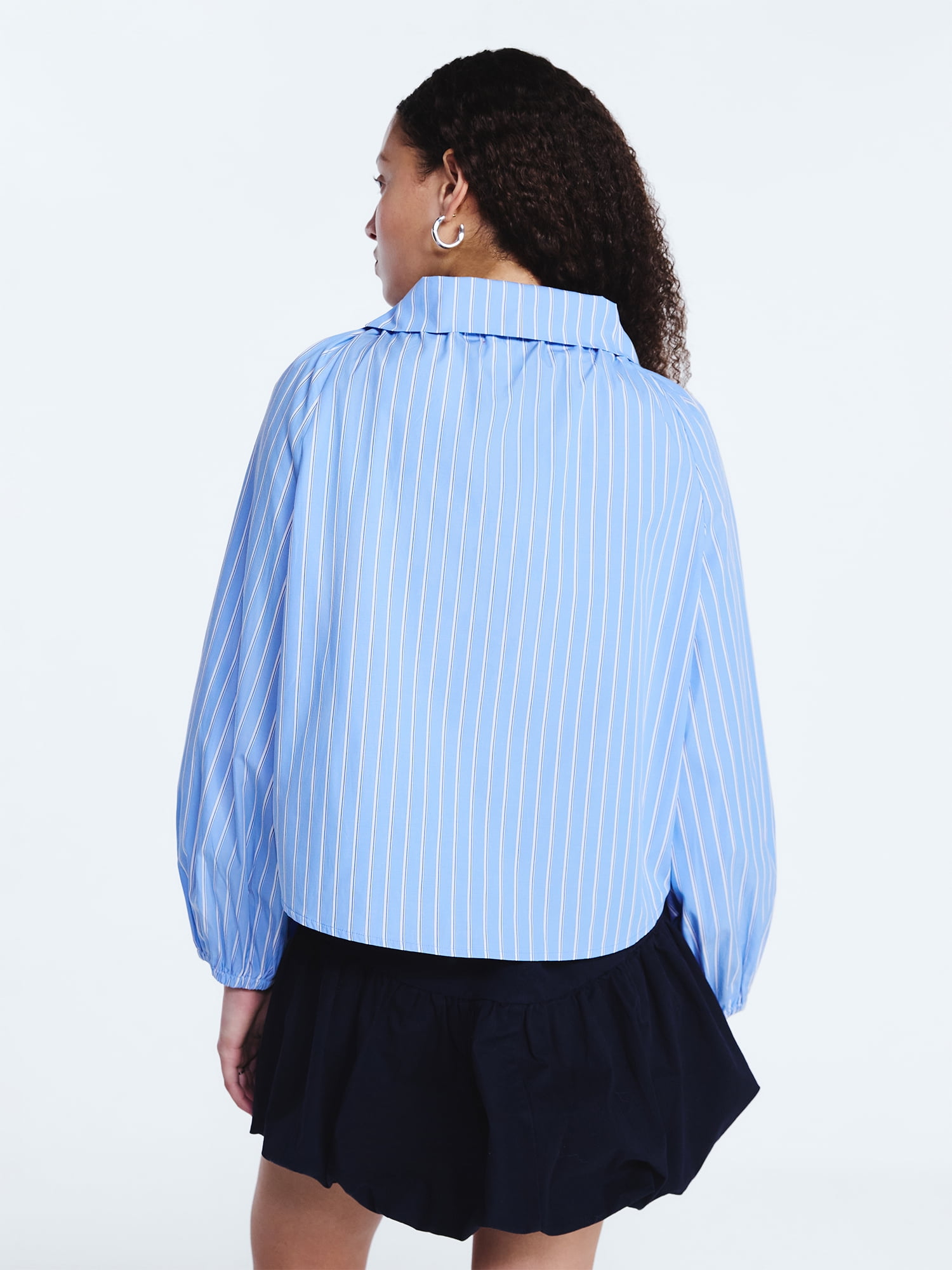 Free Assembly Women's Ruffle Tie Neck Cotton Top with Long Puff Sleeves, Sizes XS-XXL