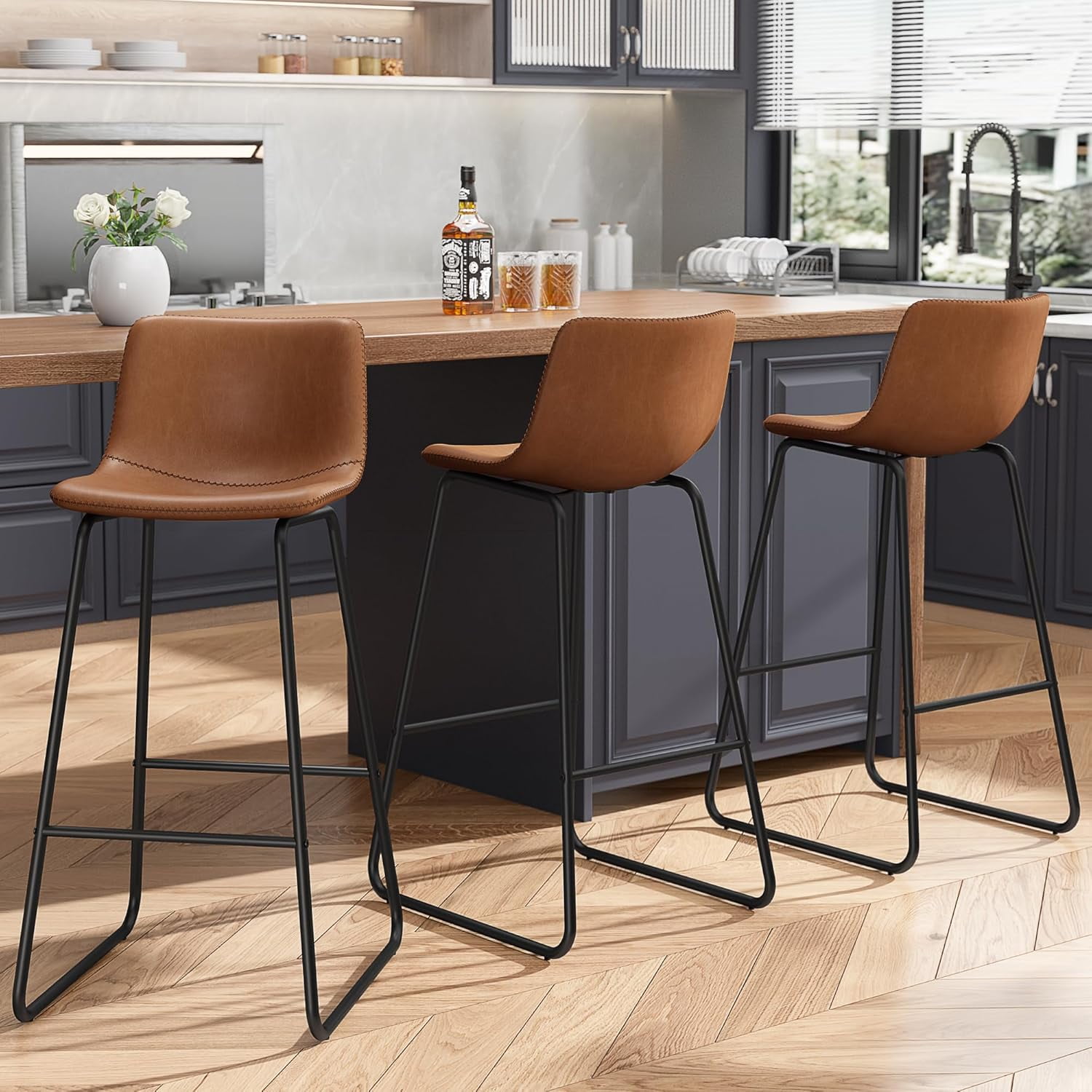 GIKPAL Bar Stools 30" Faux Leather Counter Height Barstools with Back Set of 4, Modern Counter Stools with Metal Legs and Footrest, Armless Chairs with Back for Kitchen Living Room Pub, Dark Brown
