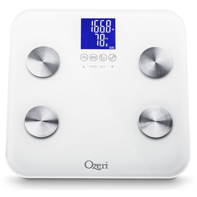 Báscula de baño Ozeri Touch de 200 kg (grasa corporal, masa muscular, huesos, peso e hidratación), con reconocimiento automático y tara para bebés.