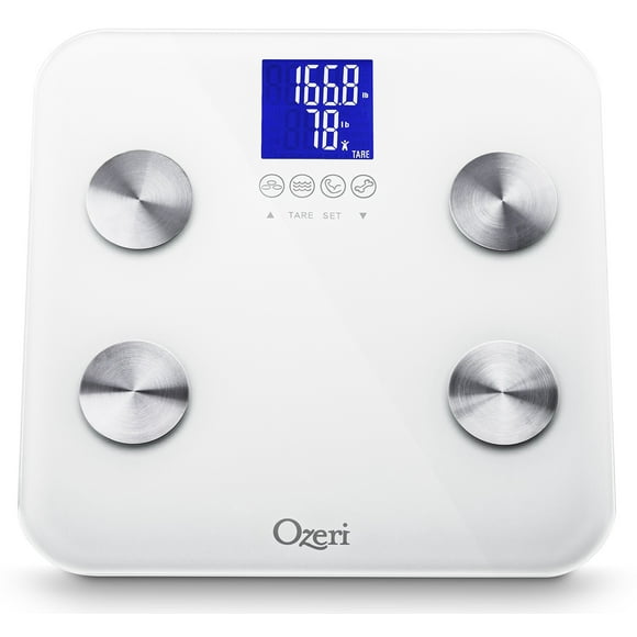 Báscula de baño Ozeri Touch de 200 kg (grasa corporal, masa muscular, huesos, peso e hidratación), con reconocimiento automático y tara para bebés.