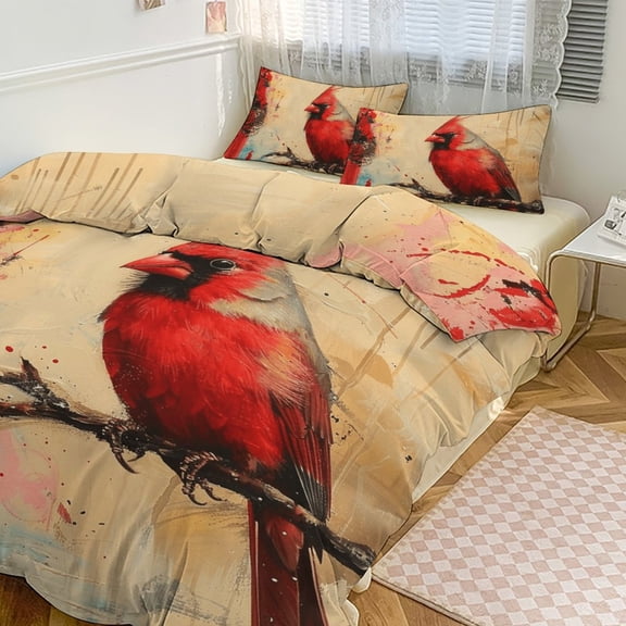 3 Pcs Soft Bedding Set, Includes 1 Duvet Cover with Zipper And 2 Pillow,Shams Red Bird Northern Cardinal Twin(86"x70")