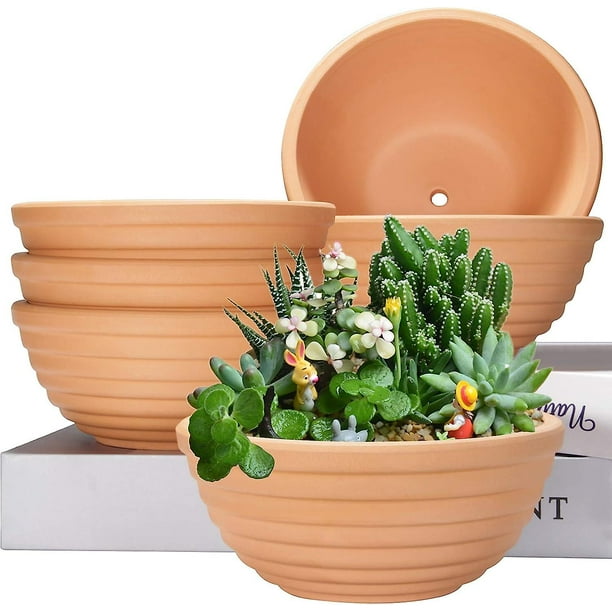 Macetas pequeñas de terracota de 6 pulgadas, cuencos poco profundos con orificios de drenaje, macetas de arcilla para plantas, paquete de 6 (hy)