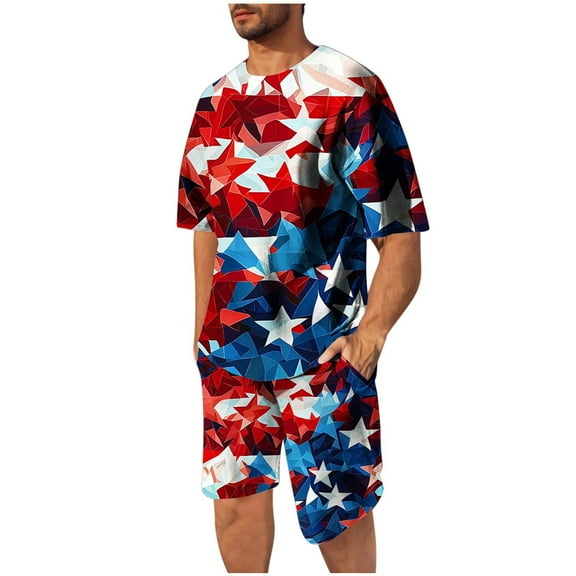 Stamzod 4Th of July Track Suits Mens Plus Size Summer Outfits 2 Piece Fashion Graphic Tees and Casual Shorts Loungewear Daily Men Short Sets Outfits with Pocket Red XXXXL