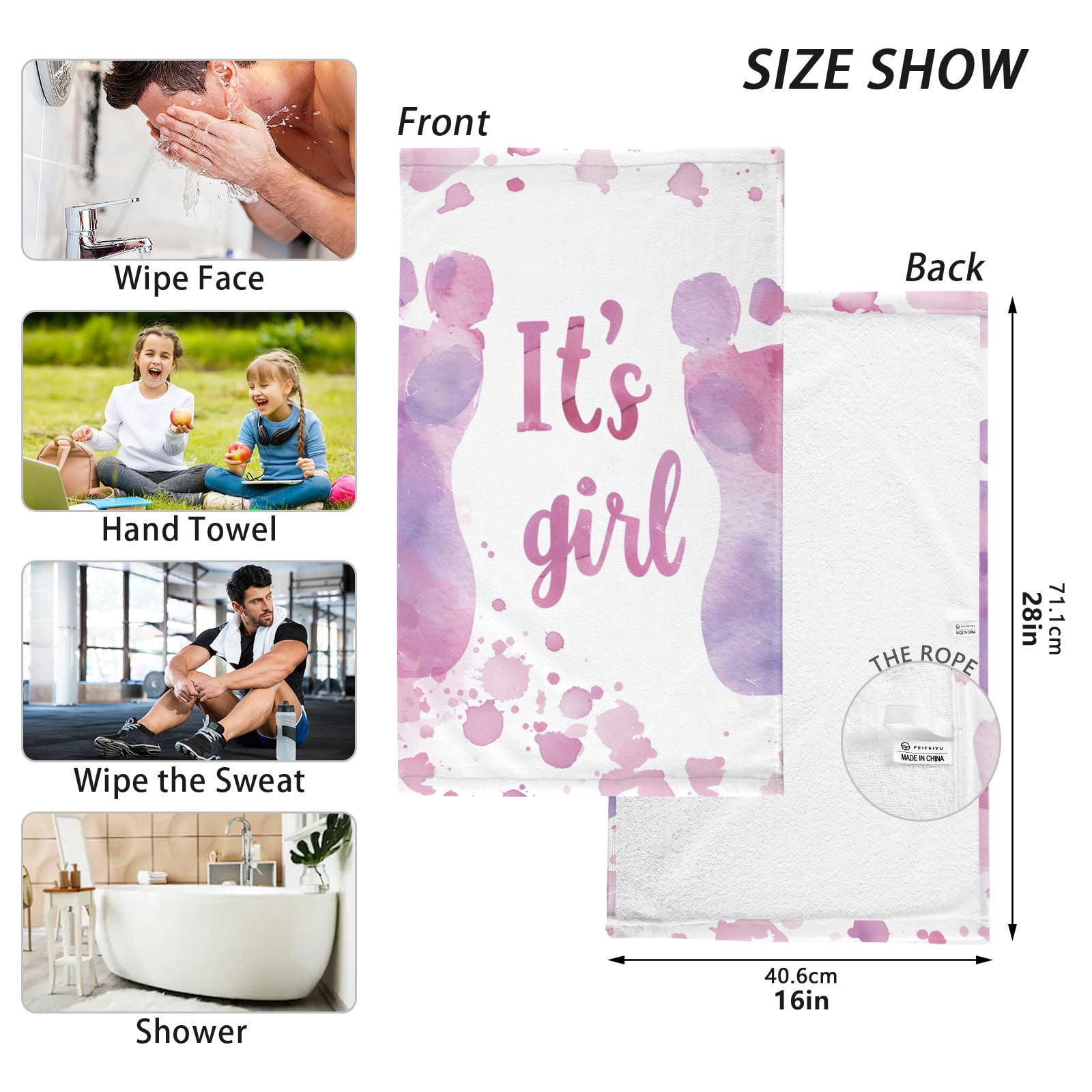 It's A Girl Hand Towels Cotton Bath Towels Large Face Towels Absorbent for Bathroom 2 Packs