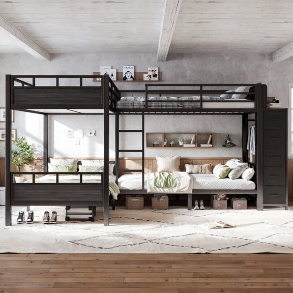 Twin Bunk Bed Frame with Built-in Wardrobe and Full-Length Guardrails, Metal Quadruple Bunk Bed with 5 Storage Drawers and Open Shelves for Bedroom, Apartment, Dorm, Mattress Not Included, Black