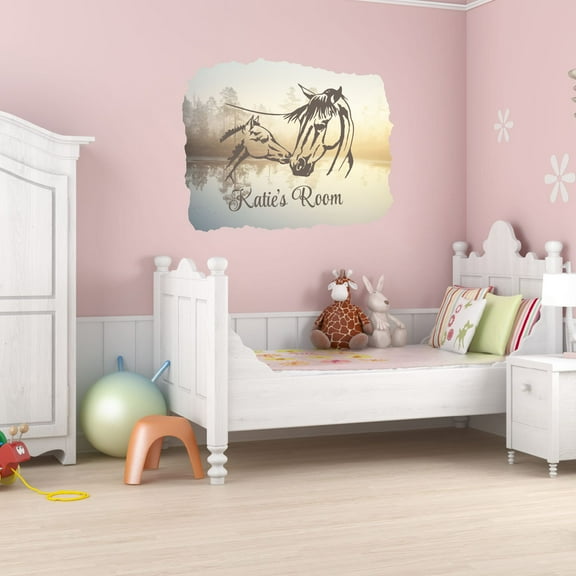Personalized Animal Wall Decals for Kids Room - Baby Horse Cuddling Mother Horse Wall Sticker Decal With Easy Installation Instructions Custom Name Sticker - Size: 10 In x 9 In
