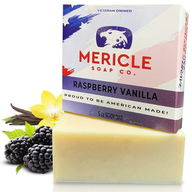 Mericle Soap Co. Barra corporal orgánica de vainilla y frambuesa negra de 5 oz | Naturales | Hecho en los EE.UU. | Propiedad de veteranos | Sin productos químicos agresivos ni conservantes | Tecnologí