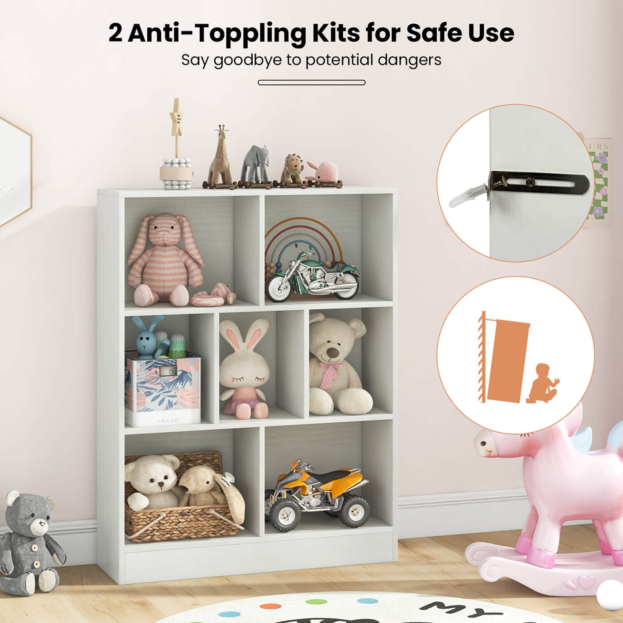 Costway 7-Cube Bookcase for Kids 41" Wooden Toy Storage Organizer Freestanding Bookshelf White