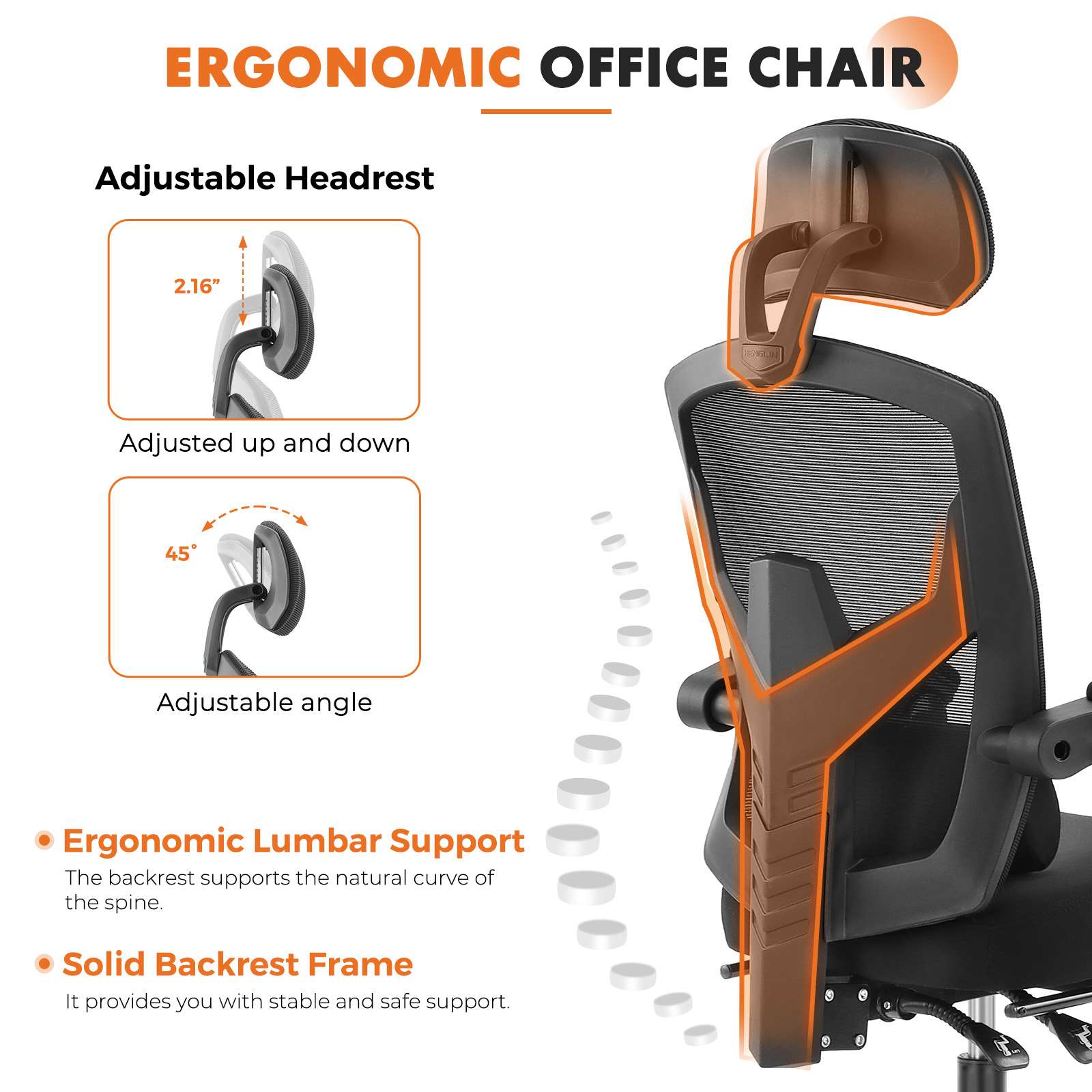CONCETTA Ergonomic Mesh Office Chair, High Back Swivel Chairs with Adjustable Lumbar Support, Headrest, Footrest, and Armrests, Black