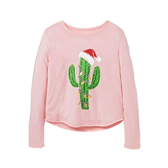 Girls Pink Santa Claus Cactus Christmas Tree Shirt Holiday T-Shirt M (7-8)