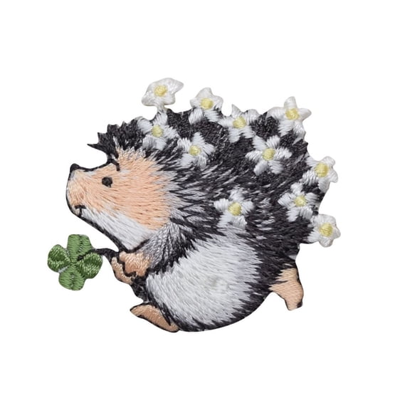 Hedgehog with Clover and Daisy Flowers Embroidered Iron on Patch