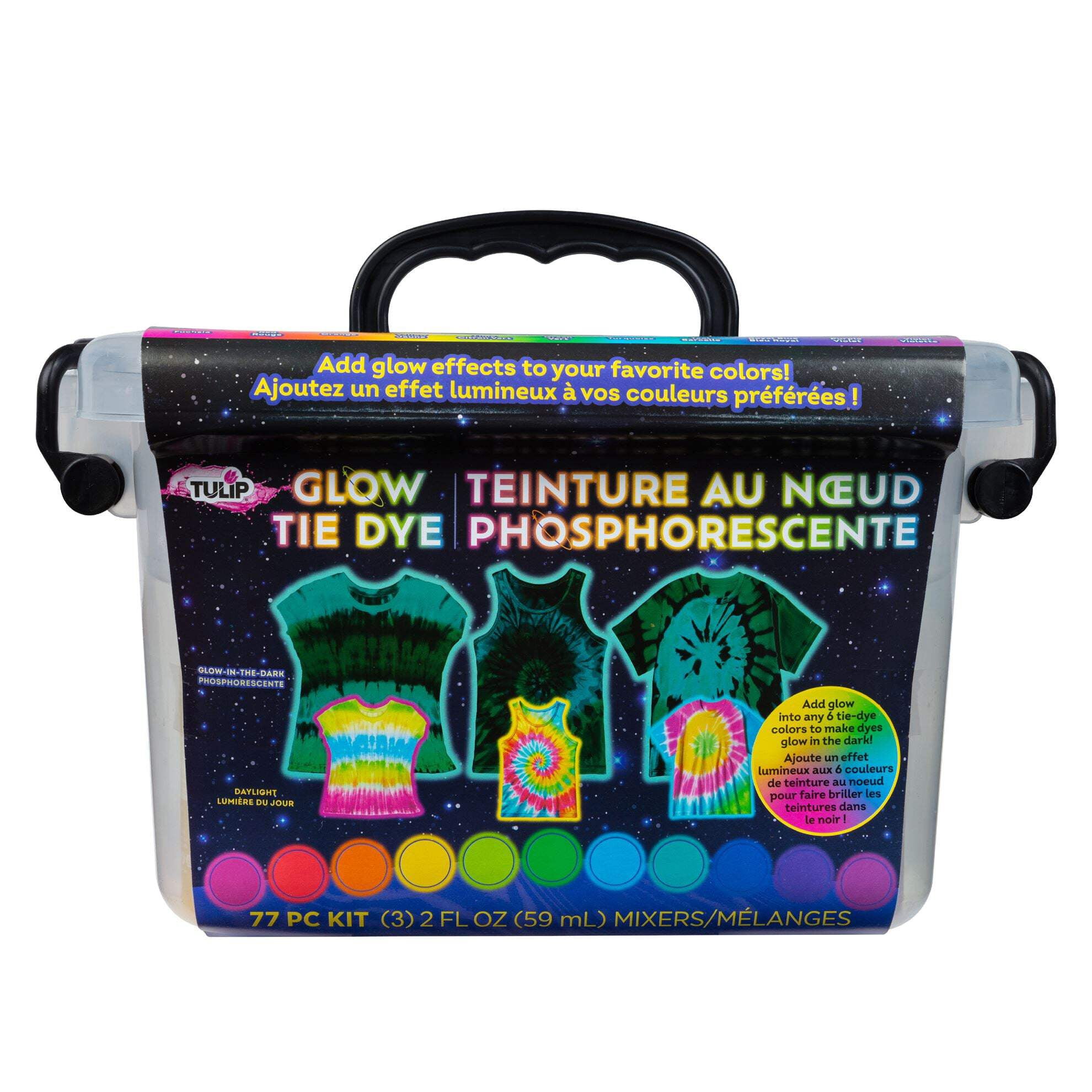 Tulip Glow Tie-Dye Tub, Design Your Looks, Add Glow Effects to Your Favorite Colors, Includes 18 Easy-Squeeze Dye Bottles and Glow Pigments/Mixers, All-in-One Party Activity Kit, 77 pieces