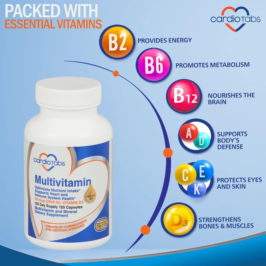 Cardiotabs Multivitamin - 120 Day Supply - Packed with Natural Antioxidants and 2000 IU Vitamin D3