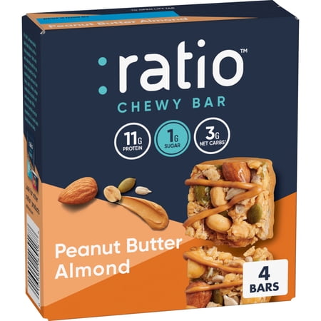 Ratio Chewy Protein Bar, Peanut Butter Almond, Keto Friendly, 5.6 oz (4 Bars)