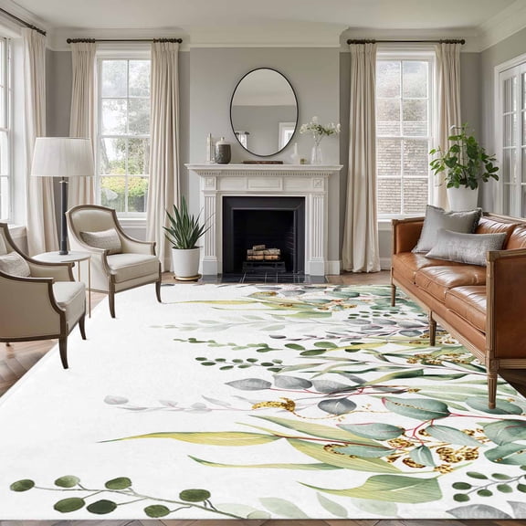 5'x7' Area Rugs for Living Room Bedroom, Eucalyptus Leaves Washable Rug Carpet Runner Indoor Outdoor, Summer Botanical Green Watercolor Non Slip Floor Mats Area Rug for Kitchen, Nursery