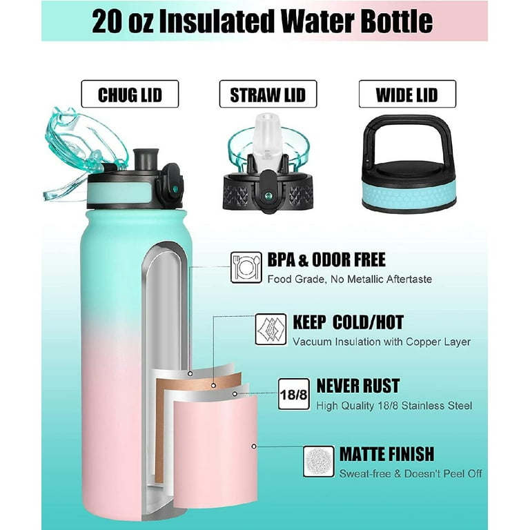  Oldley Insulated Water Bottle 20oz for Adults Kids Stainless  Steel Water Bottles with Straw/Chug/Carabiner 3 Lids Fruit Strainer Double  Wall Vacuum Wide Mouth BPA Free Leak-Proof for School Travel: Home 