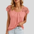 thumbnail image 6 of QUNYINEY Summer Womens T Shirts Cotton Pink Short Sleeve Shirt Lace Pleated Pullover Relaxed Fit Crew Neck Tops, 6 of 7
