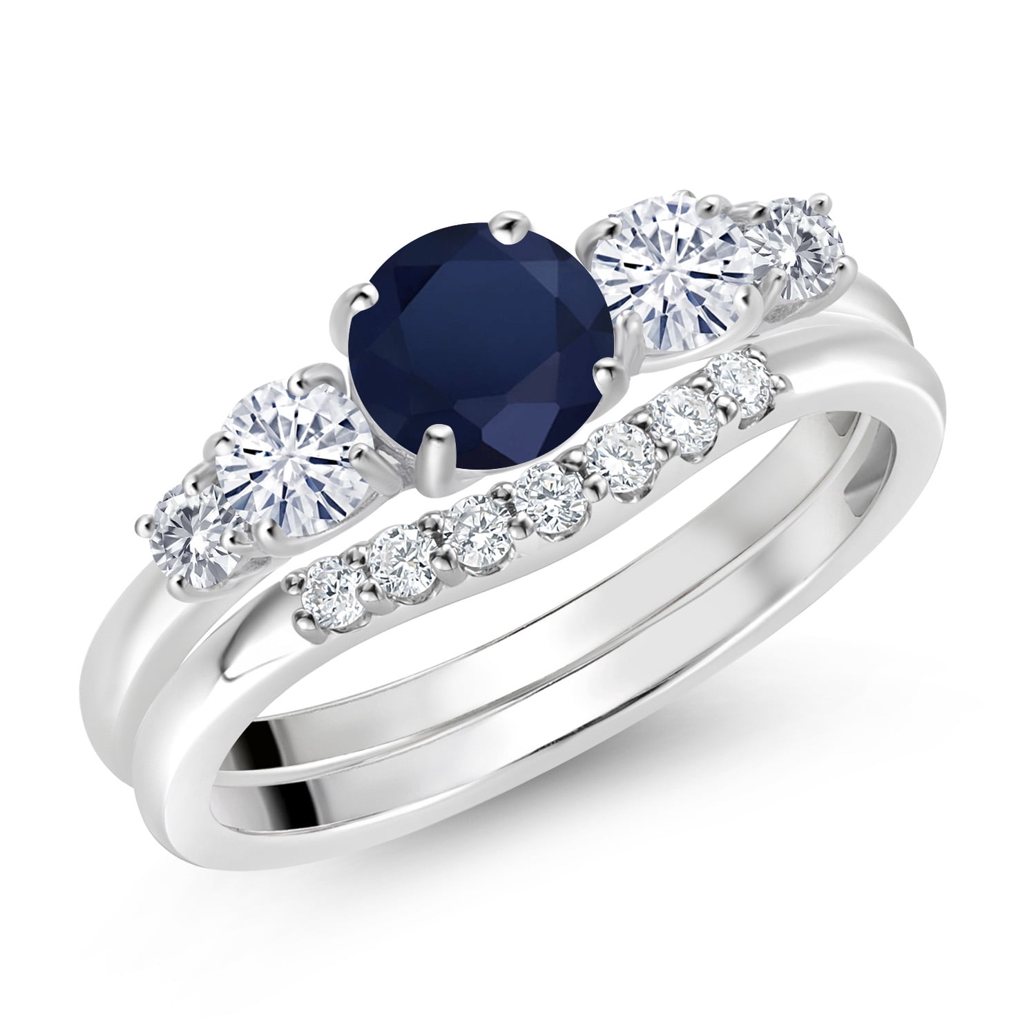 Gem Stone King 10K White Gold Blue Sapphire White Moissanite and White Lab Grown Diamond 5 Stone Bridal Engagement Wedding Ring Set for Women (0.91 Cttw, Round: 5MM and 3MM, Size 7)