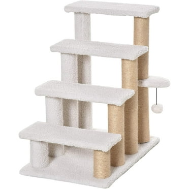 4 Levels Cat Steps, Pet Stairs Carpeted Ladder, Kitten Tree Climber with Scratching Posts, Hanging Play Ball, Side Step, for High Bed, Sofa, White