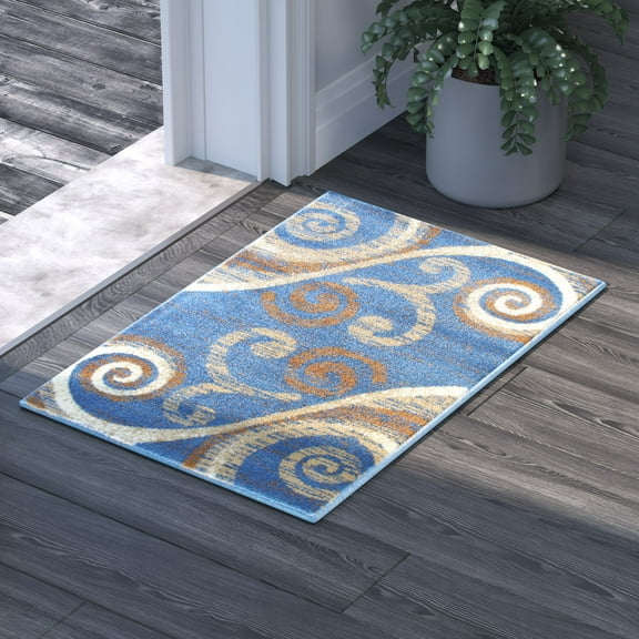 Emma Oliver 2x3 Scraped Look Ultra Soft Plush Pile Olefin Accent Rug in Blue, Gray, Black and White Swirl Pattern, Jute Backing