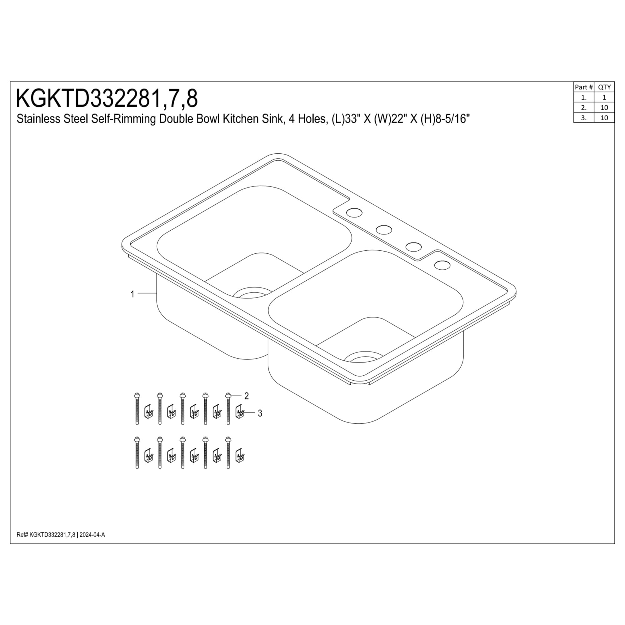 Kingston Brass Studio KGKTD332287 33" Stainless Steel Self-Rimming Double Bowl Drop-In Kitchen Sink with 4-Hole Drain and Strainer, Stainless Steel/Brushed Brass