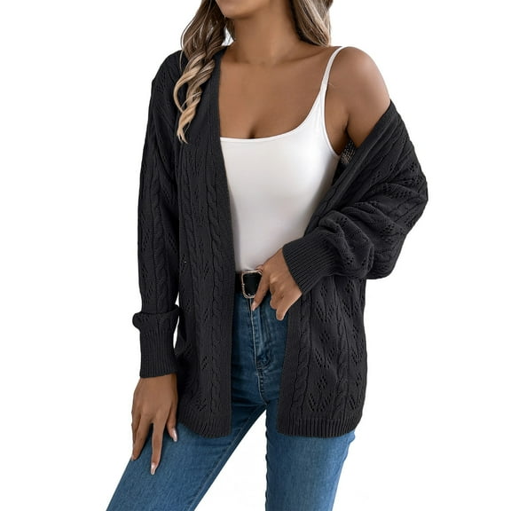 Open Front Cardigan - Women's Oversized Long Sleeve Knit Sweater, Fashion Cutout Detail Cover-Up | Baberdicy | Women's Long Sleeve Cable Knit Cardigan Sweaters Oversized Open (Black | L)