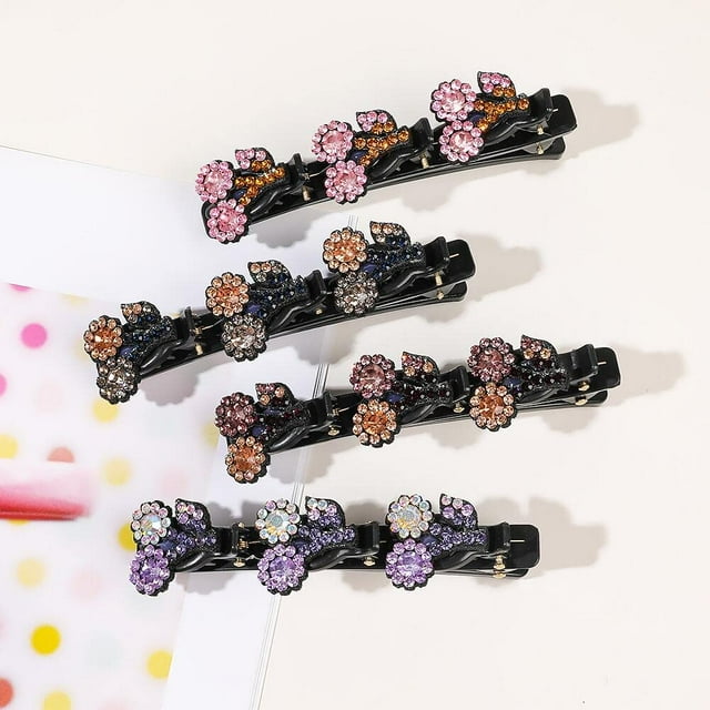 4PCS Braided Hair Clips for women, Sparkling Crystal Stone Braided Hair Clips Hair barrette with 3 Small Clips Triple Hair Clips with Rhinestones for Women/Girls