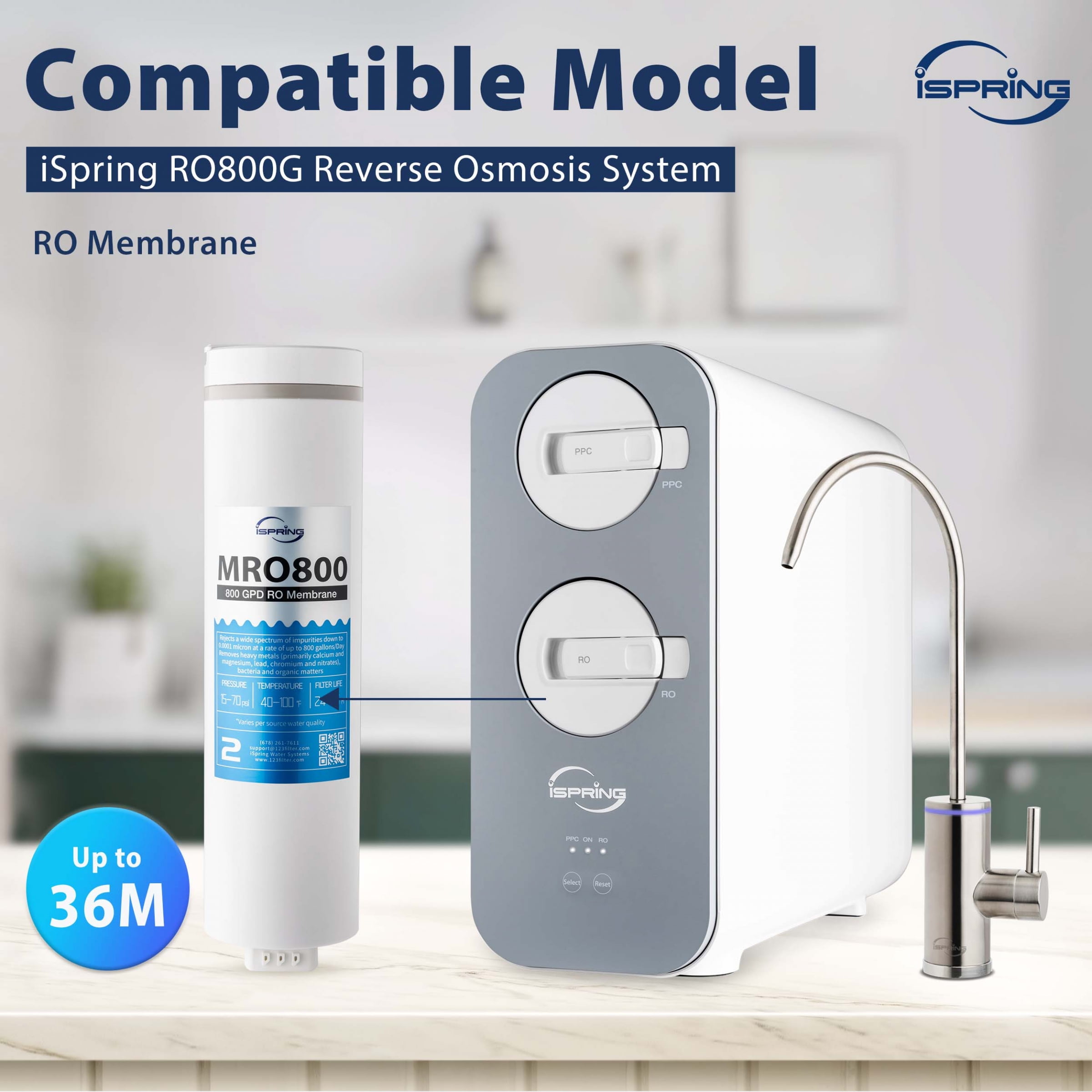iSpring MRO800 RO Membrane Reverse Osmosis Replacement, High Flow up to 800 GPD, 2.5:1 Pure to Waste water ratio