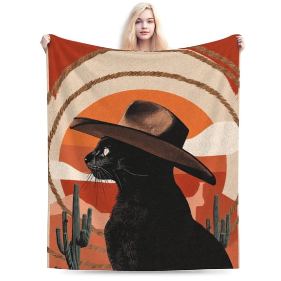 Funny Western Cowboy Black Cat Throw Blanket, Desert Cactus Design, Soft Flannel Fleece, Cozy Rustic Home Decor 50x40