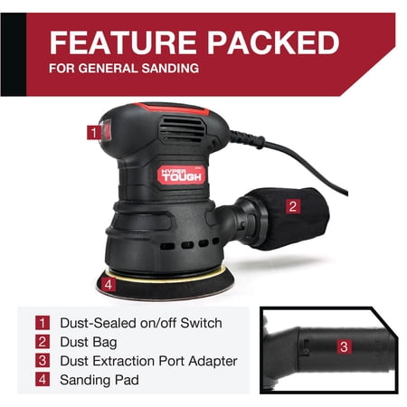 HYPER TOUGH 2.5 AMP CORDED 5 INCH ORBITAL SANDER WITH DUST BAG, VACUUM HOSE ADAPTER & 3 SANDING SHEETS, NEW CONDITION