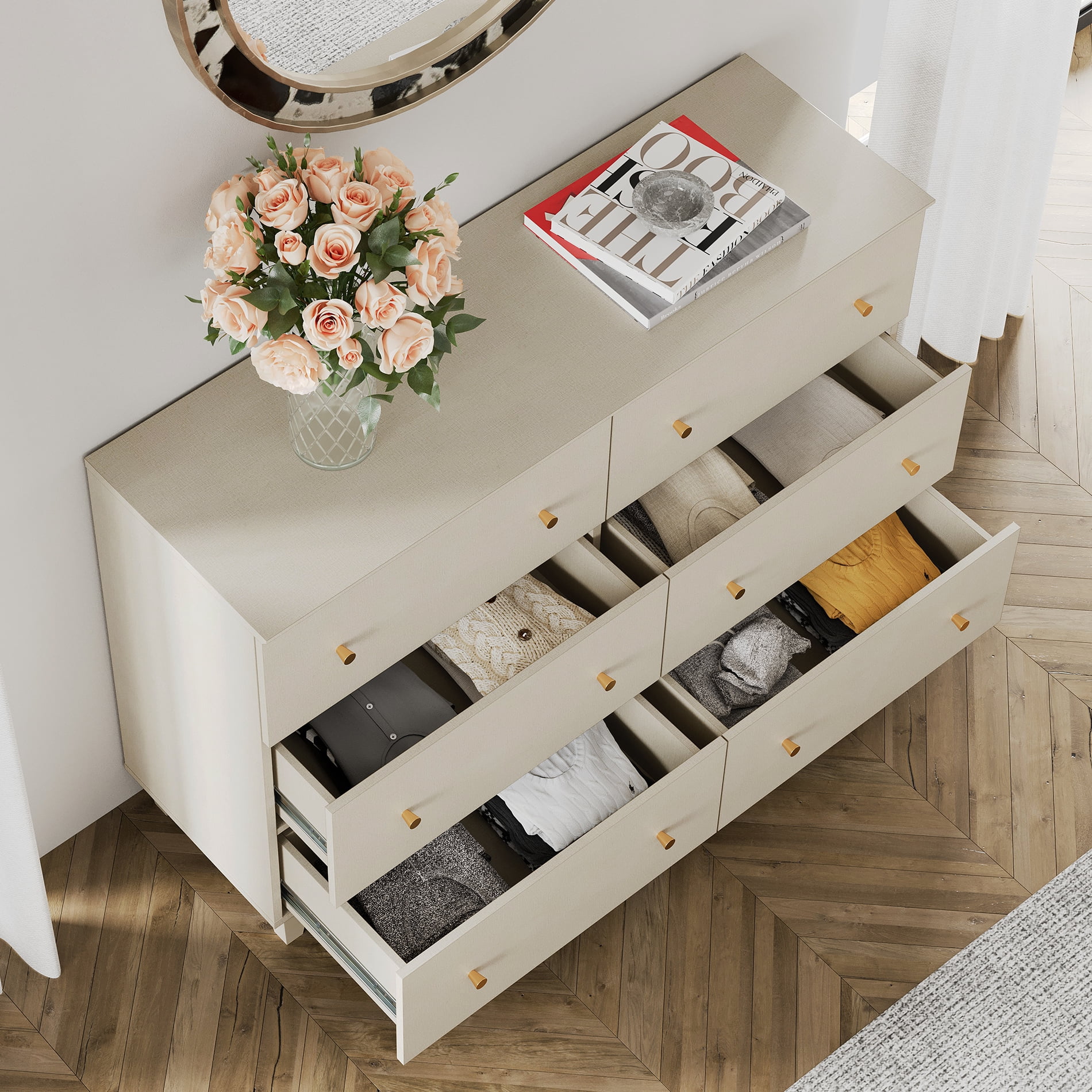 WAMPAT Dresser with 6 Drawers for Bedroom, Modern Wood Wide Double Dressers with Chest of Drawers, Beige