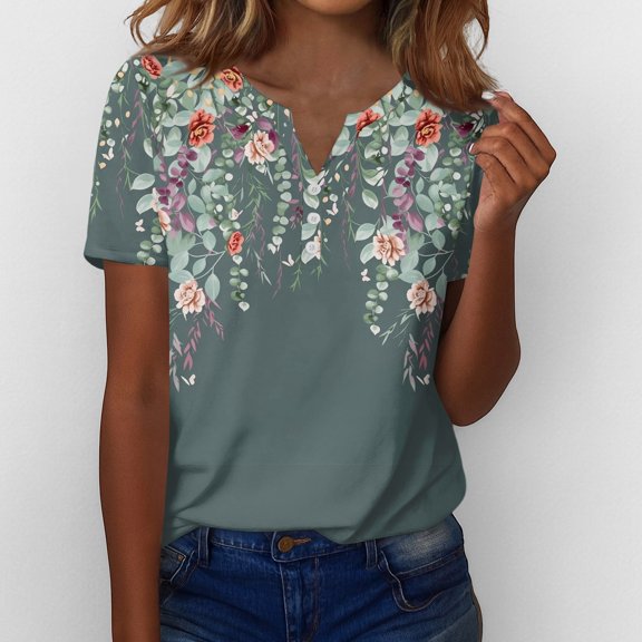 IYYVV Short Sleeve Womens Shirts Summer Tops 2026 Floral Soft Boho Casual Button Down V Neck Loose Fit T Shirts Army Green M
