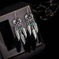 thumbnail image 4 of Boho Long Enamel Feather Dangle Drop Statement Stud Earring for Women Bohemian Ball Beaded Turquoise Tassel Dangling Link Piercing Fish Hook Earrings Ethnic Style Vintage Jhumka Jhumki Party, 4 of 6