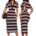 thumbnail image 2 of Women's Lapel Collar Striped Short Sleeve Slim Bodycon Midi Dress Brown Tricolor L, 2 of 7