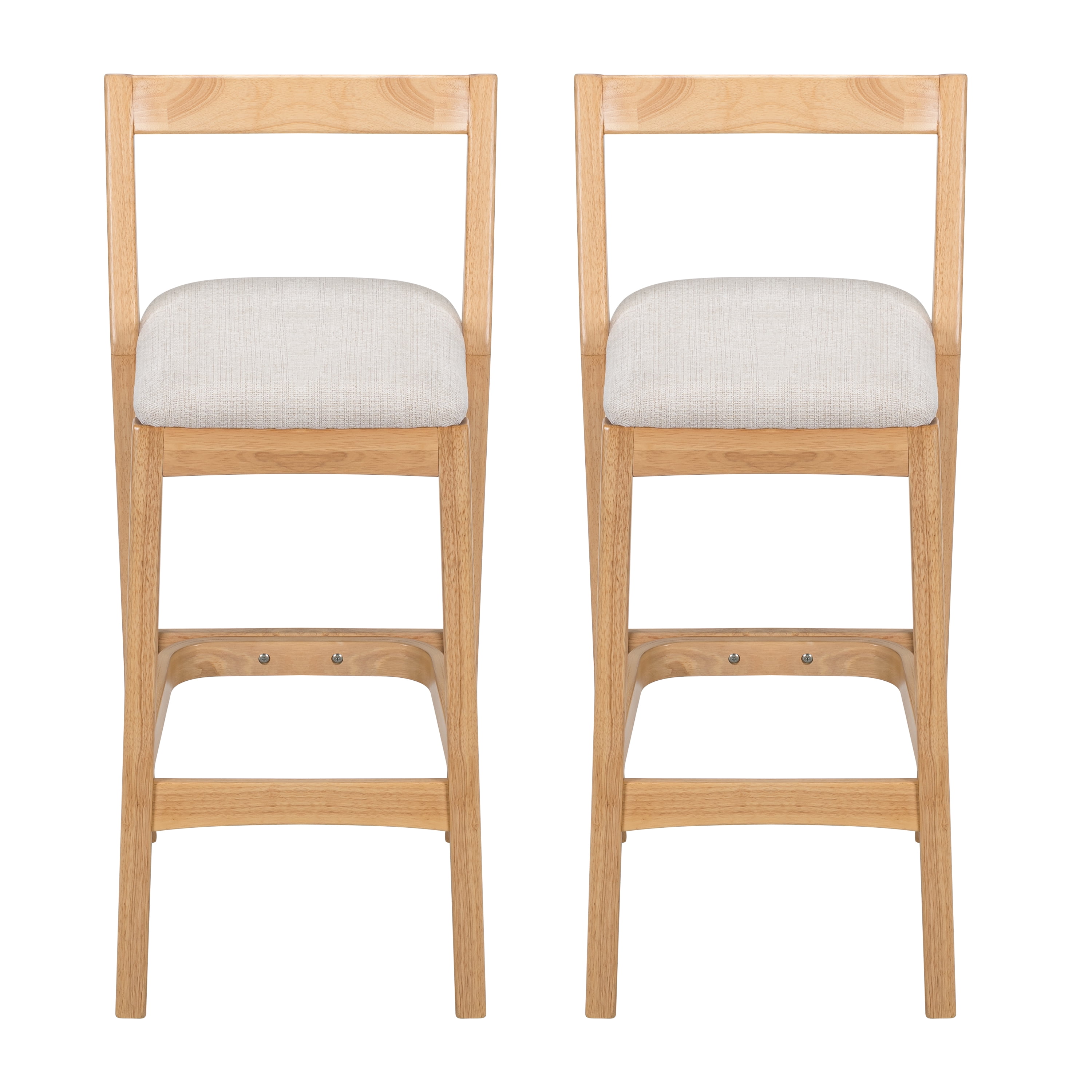 Counter Height Bar Stools, Rubberwood Stools with Beige Polyester Fabric Seat and Natural Wood Finish, Rustic Dining Stools for Kitchen, Pub, Dining Room, Set of 2