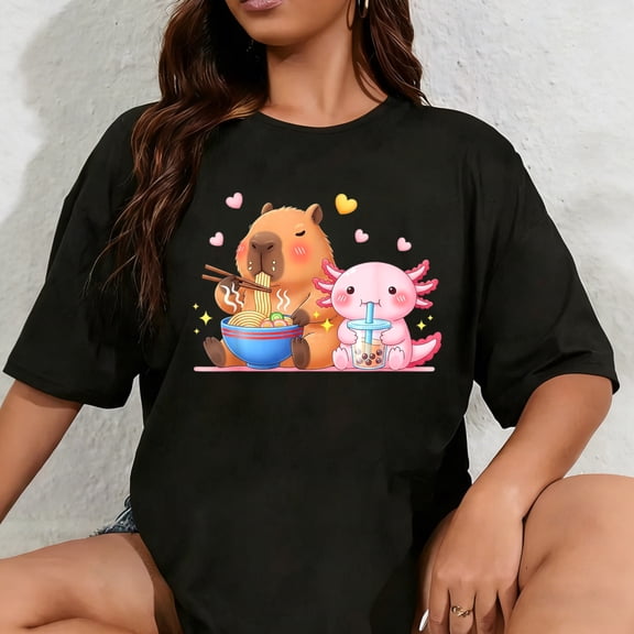 100% Cotton Cute Capybara Ramen and Axolotl Boba Kawaii Boys Girls Kids T-Shirt