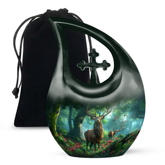 MUKTIVE Deer with Green Forest Urns for Human Ashes Adult Male and Female, Large Memorial Urn for Adult Ashes, (Large Drop, 10 Inch)